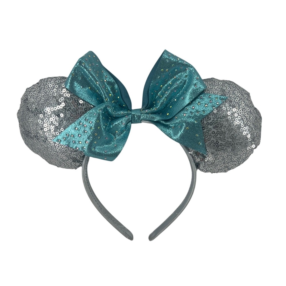 Disney Parks Silver Sequin Minnie Mouse Ears Headband Blue Bow